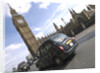 Taxi on road with big ben in background, London by Assaf Frank